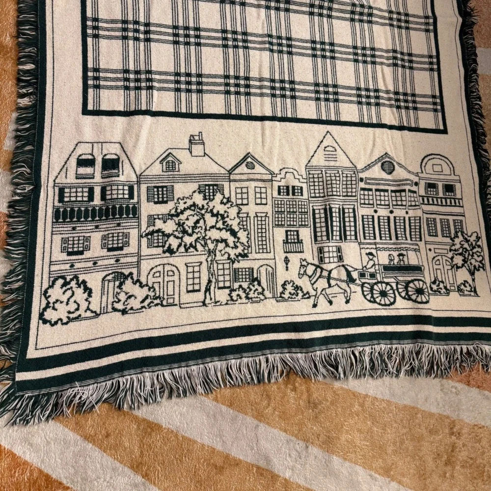 Charleston SC Woven Tapestry Throw Blanket Green Fringe Cotton Colonial Decor